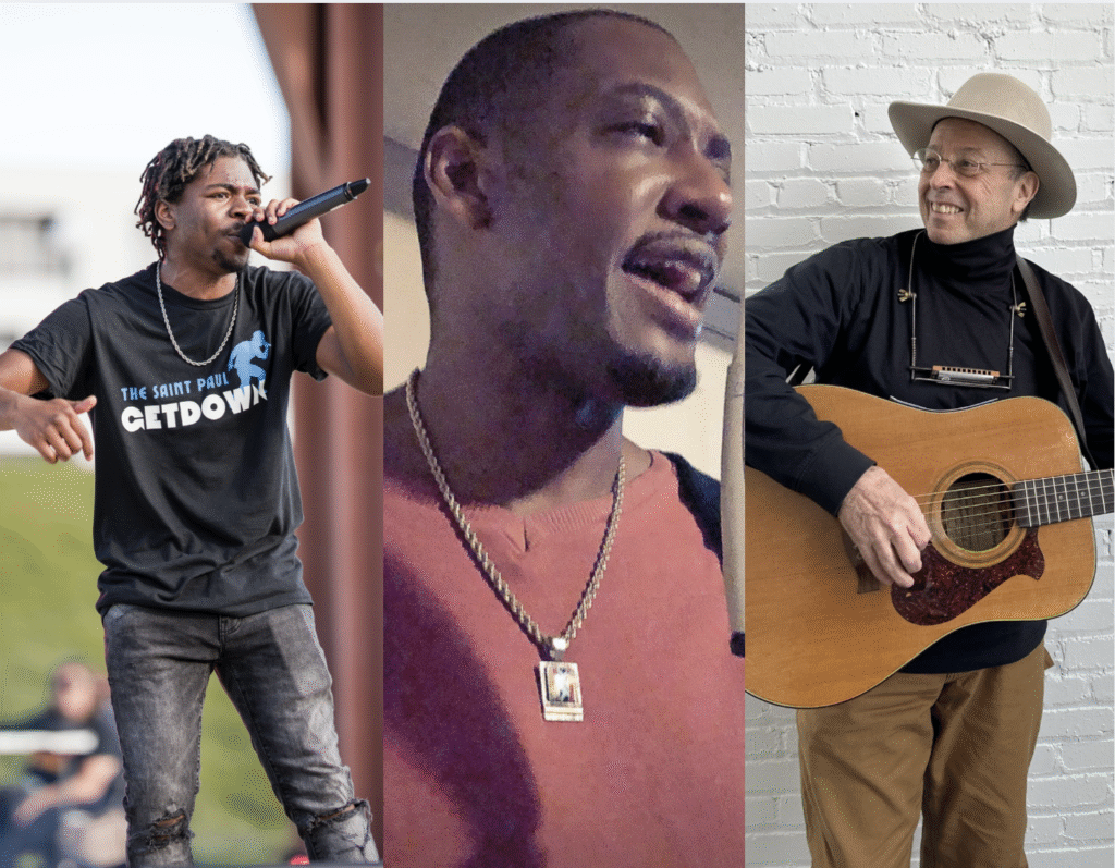 A collage of three images: A young black man holding a microphone and performing hiphop on stage, a middle-aged black man singing into a microphone, and an older white man wearing a  cowboy hat and holding a guitar and smiling.